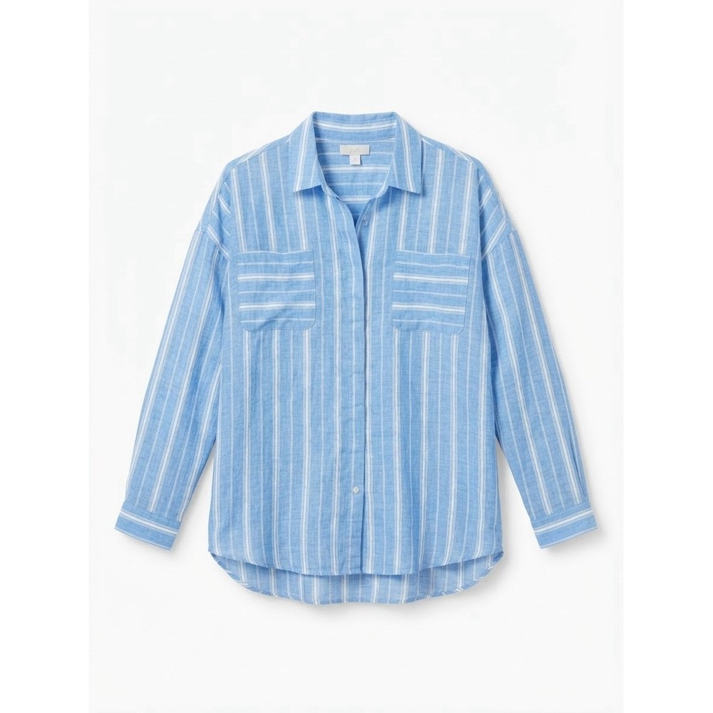 J Jill Linen Top Small Striped Coastal Boho Blue White Resort Beach Summer